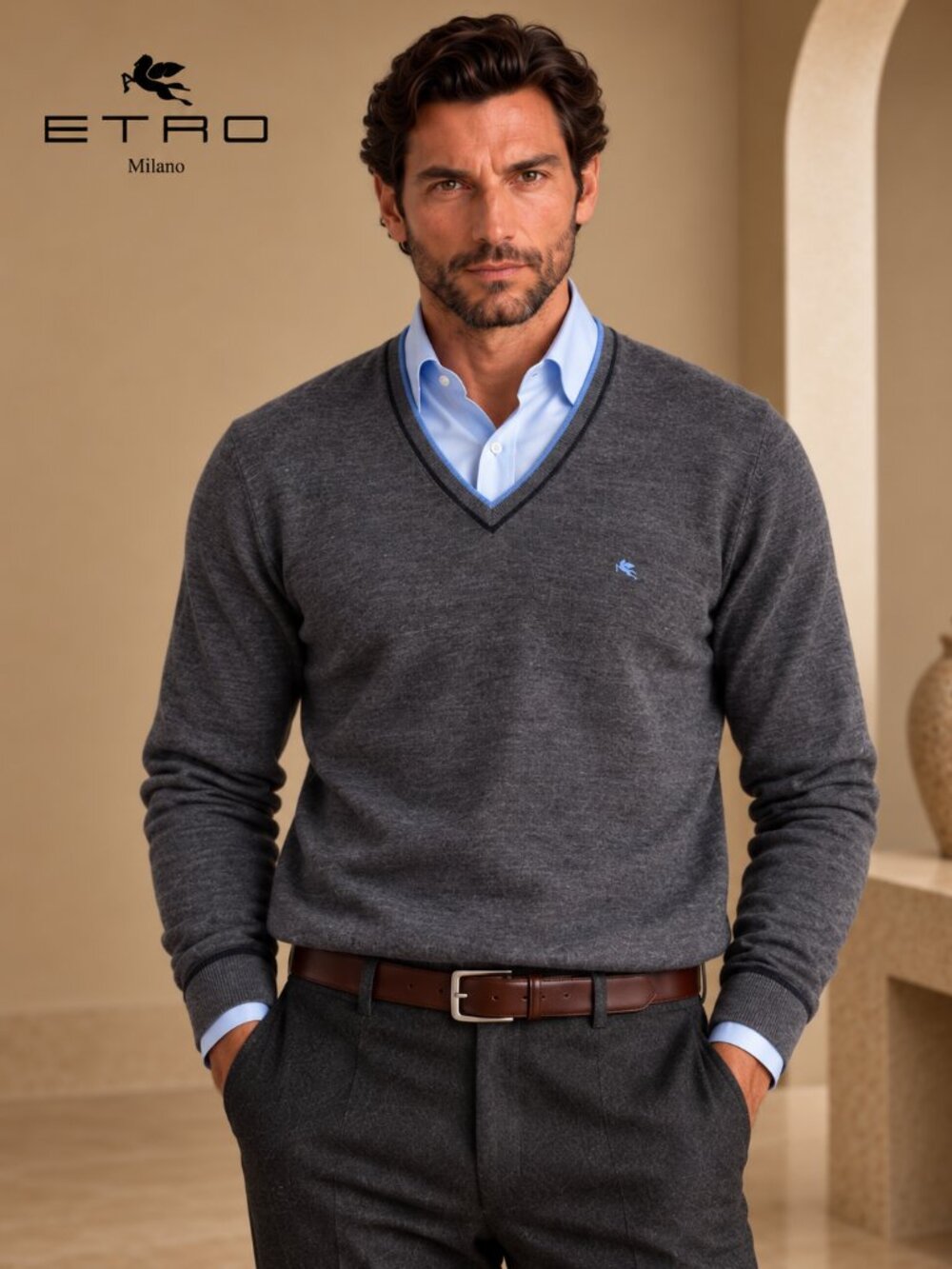 Etro Men's V-Neck Wool Sweater in Dark Gray with Contrast Trim Size L NWT